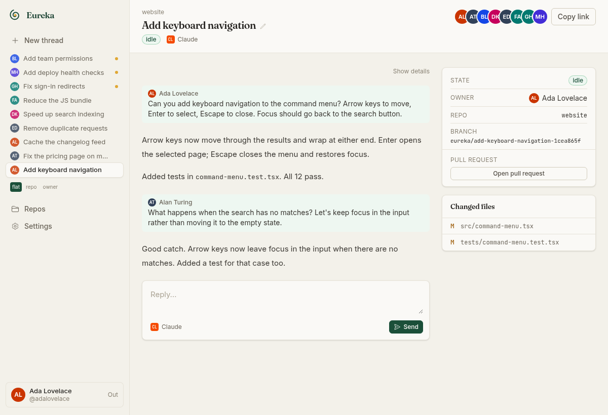 Eureka thread with Ada Lovelace and Alan Turing's prompts, eight teammates present, and a sidebar of team tasks with several agents working.